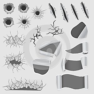 Collection of torn edges of a hole lacerated ragged paper edge and crack realistic 3d style vector illustration.