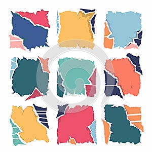 Collection torn paper scraps various colors shapes isolated white background. Nine ripped paper photo