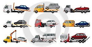 Collection of tow trucks. Flat faulty car loaded on a tow truck. Vehicle repair service which provides assistance