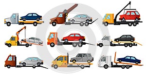 Collection of tow trucks. Flat faulty car loaded on a tow truck. Vehicle repair service which provides assistance