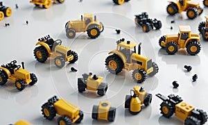 A collection of toy tractors and construction vehicles are displayed on a white surface.