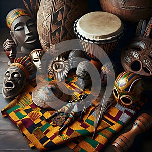 Collection of traditional African artifacts with djembe drum, brass Ashanti doll and masks with exquisite wooden carvings