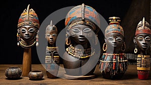 Collection of traditional African artifacts with brass Ashanti dolls photo