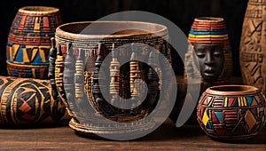 Collection of traditional African artifacts with decorated djembe drums