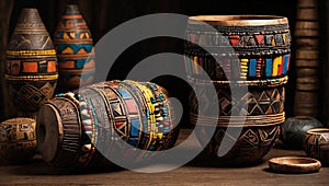 Collection of traditional African artifacts with decorated djembe drums