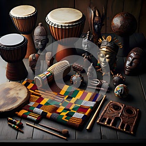 Collection of traditional African artifacts with djembe drum, brass Ashanti doll and masks with exquisite wooden carvings