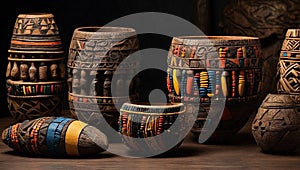 Collection of traditional African artifacts with decorated djembe drums