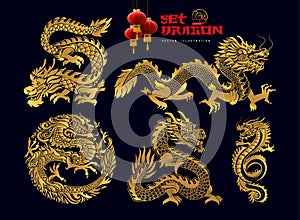 Collection of Traditional Chinese Dragon. Big set of black asian dragons. Happy Chinese New Year 2024 year of the gold dragon