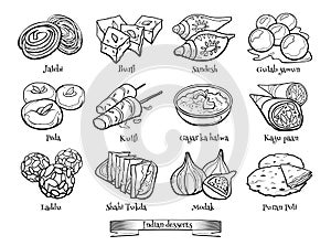 Collection of traditional Indian desserts. Hand drawn sketch in doodle style