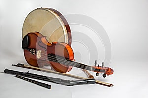 A collection of traditional Irish musical instruments