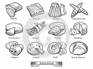 Collection of traditional Italian types of bread. Hand drawn sketch in doodle style photo