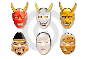 Collection of Traditional Japanese red, white and golden devil mask Kabuki Mask on white background