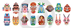 Collection of traditional ritual or ceremonial African, Hawaiian or Aztec masks shaped after human face or animal`s