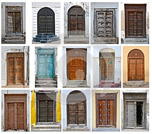 Collection of traditional Zanzibar wooden doors and doorways ornately carved and decorated