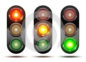 Collection of traffic lights showing the sequence of how the lights glow from red, orange and green