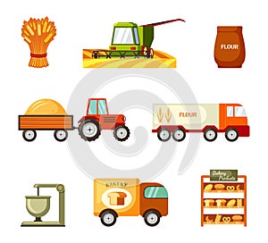 Collection and transportation grain and baking set. Green harvester mowing wheat and tractor trailer carrying golden