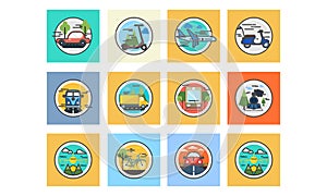 Collection travel and public transportation icon vector
