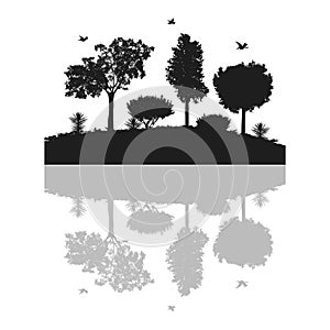 Collection of trees and bushes silhouettes with reflection, vector illustration