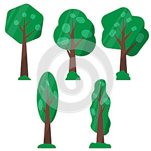 Collection of trees, simple flat trees in the roof, isolated trees on white background