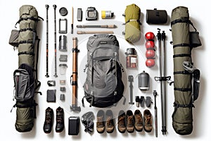 Collection of trek and climb tools organized on a white background illustration