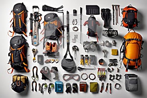 Collection of trek and climb tools organized on a white background symmetric