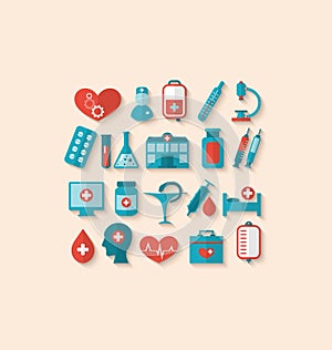 Collection trendy flat icons of medical elements and objects