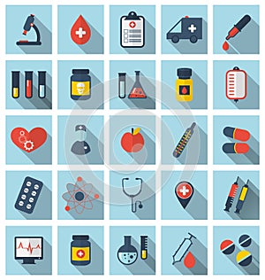 Collection trendy flat medical icons with long shadow