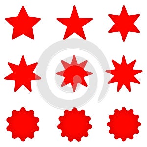 Collection of trendy retro stars shapes. Sunburst design elements set. Bursting rays clip art. Red sparkles.