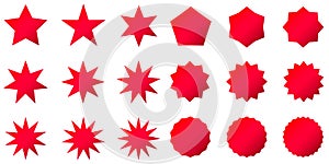 Collection of trendy retro stars shapes. Sunburst design elements set. Bursting rays clip art. Red sparkles.