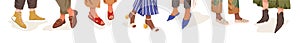 Collection of trendy shoes on diverse female legs vector flat illustration. Bundle of colorful boots on different woman