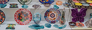 Collection of turkish ceramics on sale at the Grand Bazaar in Istanbul, Turkey. Turkish colorful ornamental ceramic