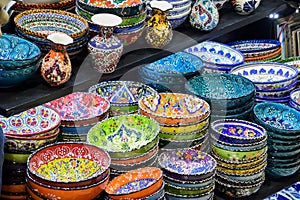 Collection of turkish ceramics on sale at the Grand Bazaar in Istanbul, Turkey. Turkish colorful ornamental ceramic souvenir