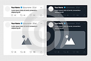 Collection of tweet mockups. Isolated Twitter messages on a transparent background. Twitter user interface elements. Vector