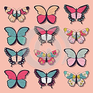 Collection of twelve colorful hand drawn butterflies, pink background
