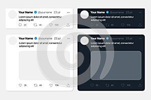 A collection of Twitter tweet templates. Isolated Twitter messages on a gray background. Twitter user interface elements. Vector