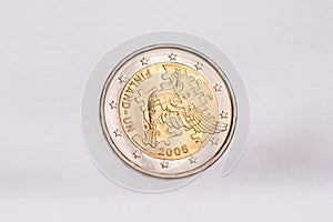 A collection of two euros commemorative coins. In a row, copy space. Concept of numismatic, finance, european currency