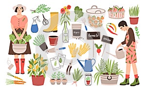 Collection of two female gardeners and gardening tools - watering can, fruit baskets, seeds, pruner, trowel, rubber