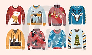 Collection of ugly Christmas sweaters or jumpers isolated on light background. Bundle of knitted woolen winter clothing