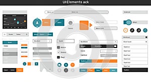 Collection of UI elements featuring buttons, sliders, icons, and input fields in a