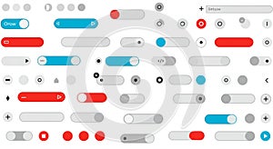 A collection of UI elements featuring buttons, sliders, and toggles. Colors include blue,