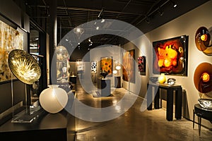 Collection of unique blown glass art presented on pedestals in a contemporary gallery space