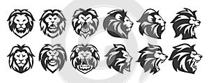 Collection Of Unique Lion Head Silhouettes In Different Artistic Styles, Front And Profile View. Vector Monochrome Set photo