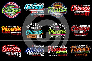 Collection of urban athletic sports, typography design, t shirt print. Vector illustration