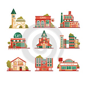 Collection of urban and suburban huses set, private houses and municipal public buildings vector Illustrations on a