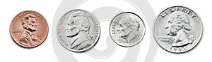 Collection of US coins in the united states one, half, quarter dollar and 1 cent coin. A quarter, dime, nickel, penny. the most