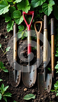 A collection of used gardening tools on the ground, cultivator, texture, spade