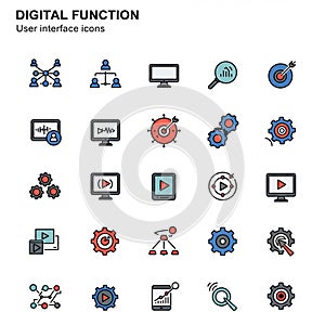 A collection of user interface icons related to digital functions, featuring various