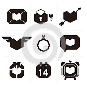 Collection of Valentine\'s day icons silhouettes in black color on white background.