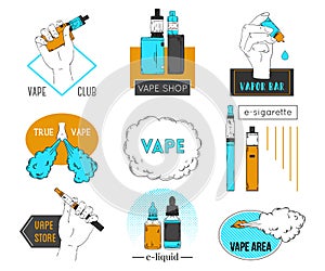 Collection of vape labels, emblems and badges. Electronic cigarette, liquid and cloud of steam.