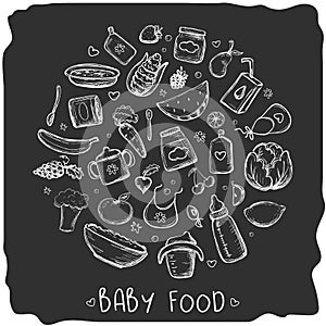 Collection of varied baby food. Hand drawn organic food for kids. Fresh vegetables and fruits